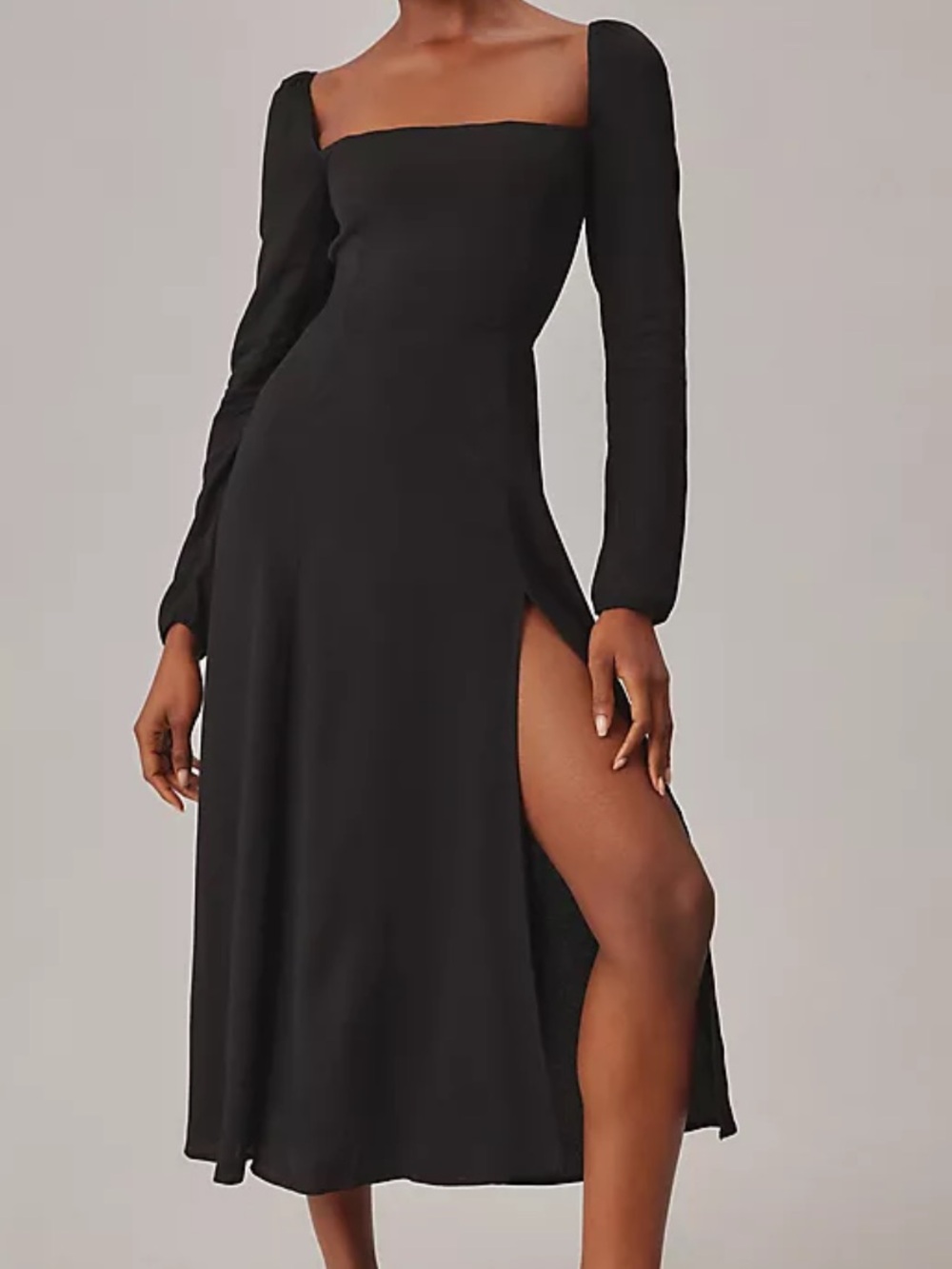 Reformation Dress Womens 0 Black Long Sleeve Fit & Flare Square Neck Maxi Slit